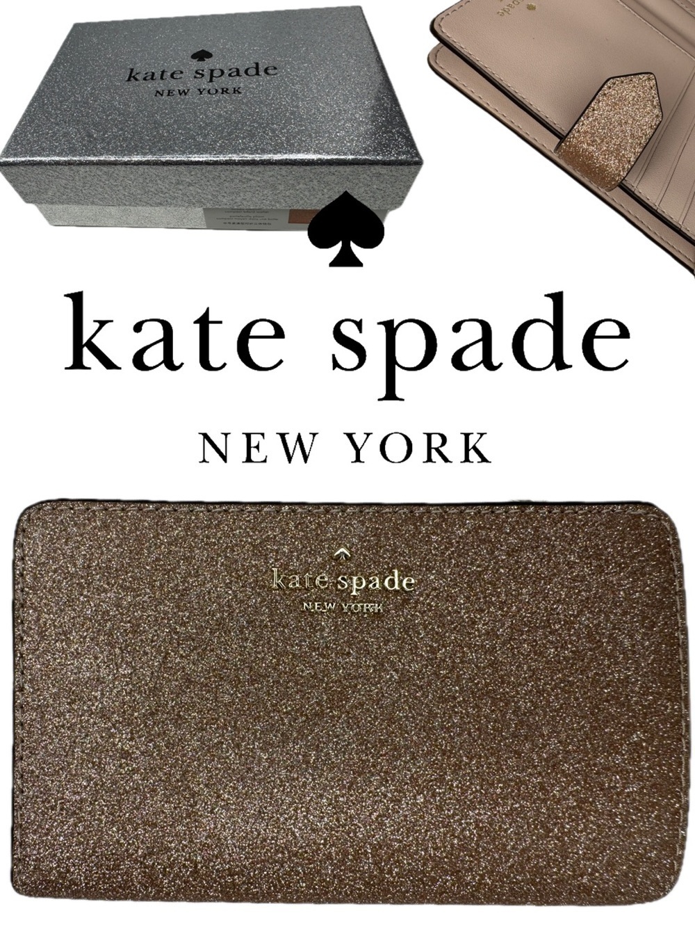 Kate Spade Rose Gold Glitter Shimmer Medium Compact Bifold K9254 NIB Wallet